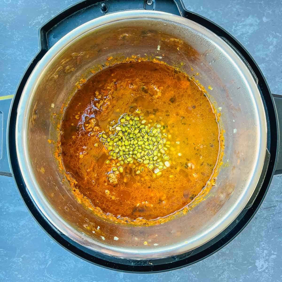 Green moong dal and water added to the Instant Pot.
