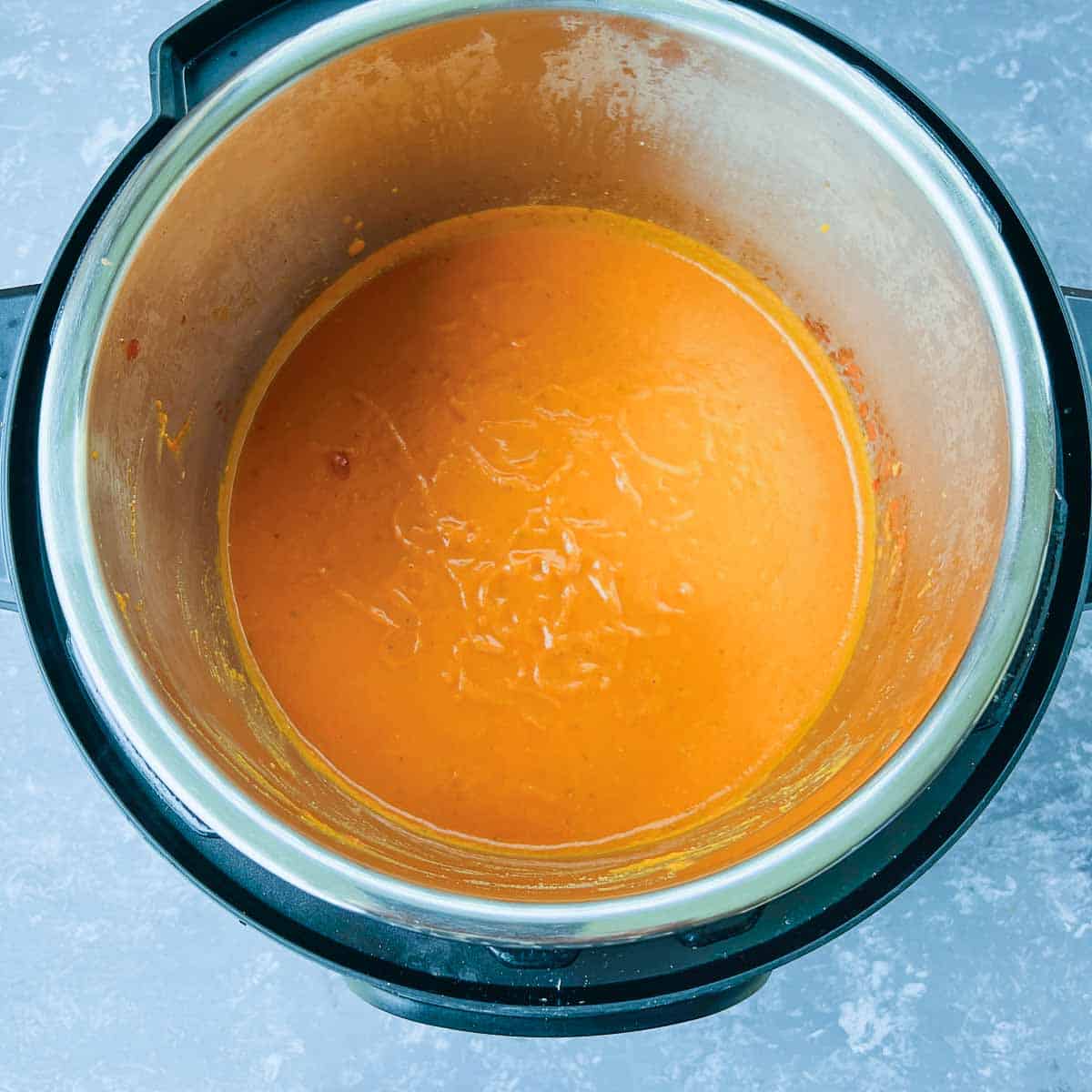 Blended tomato lentil soup in the Instant Pot.