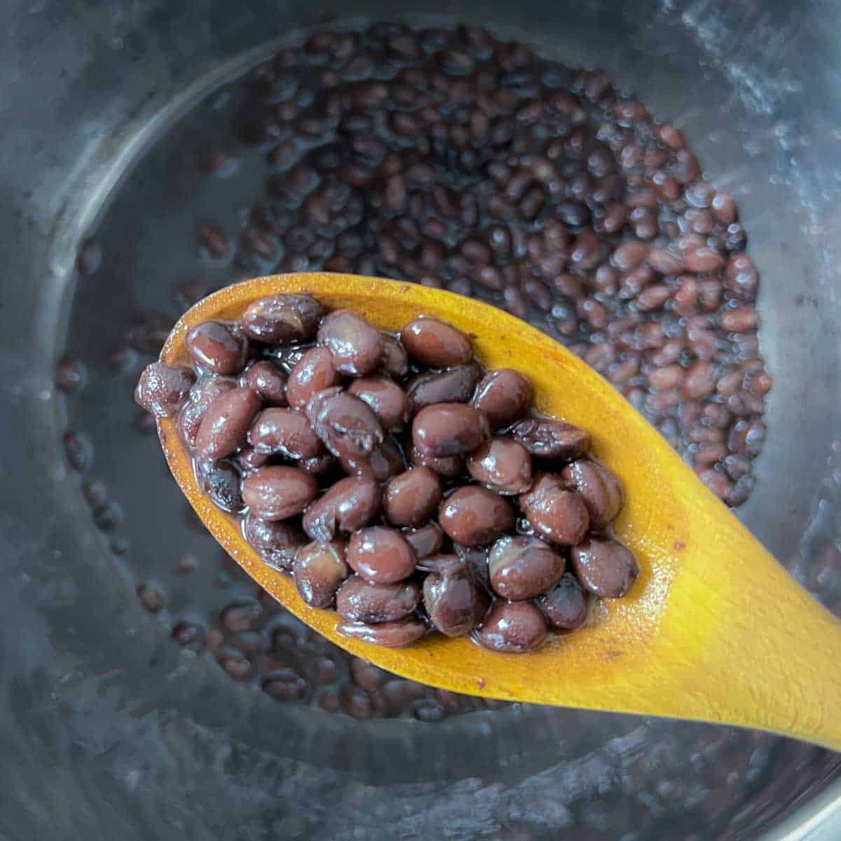 Pressure cooked black beans on a wooden spoon.