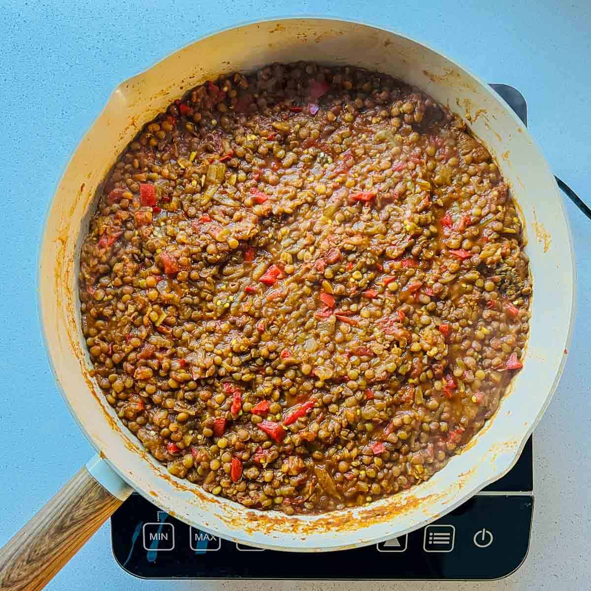 Cooked lentils ready to be stuffed.