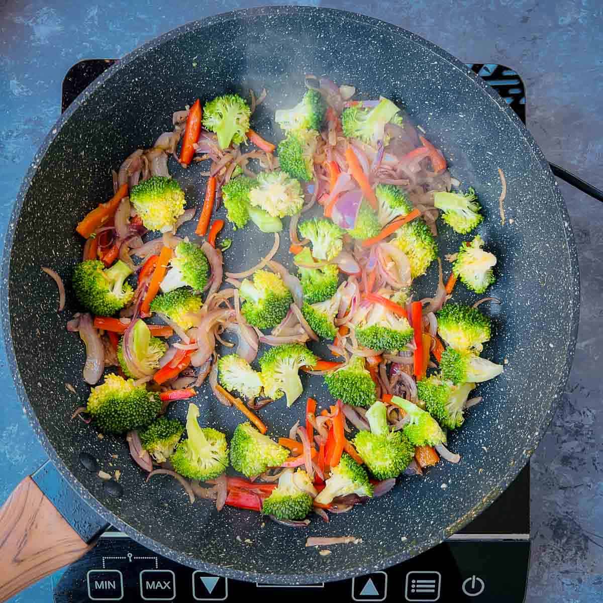 Sauted veggies in frying pan.