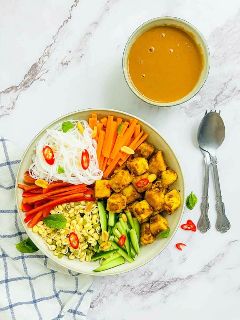 Soy-Free Chickpea Tofu Buddha Bowl with Peanut Sauce: Vegan Delight!