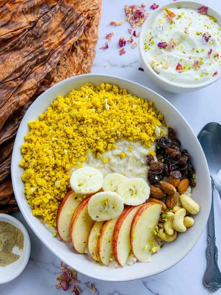 Heavenly Mornings: Indian Oatmeal Breakfast Bowl with Besan Laddu Crumble
