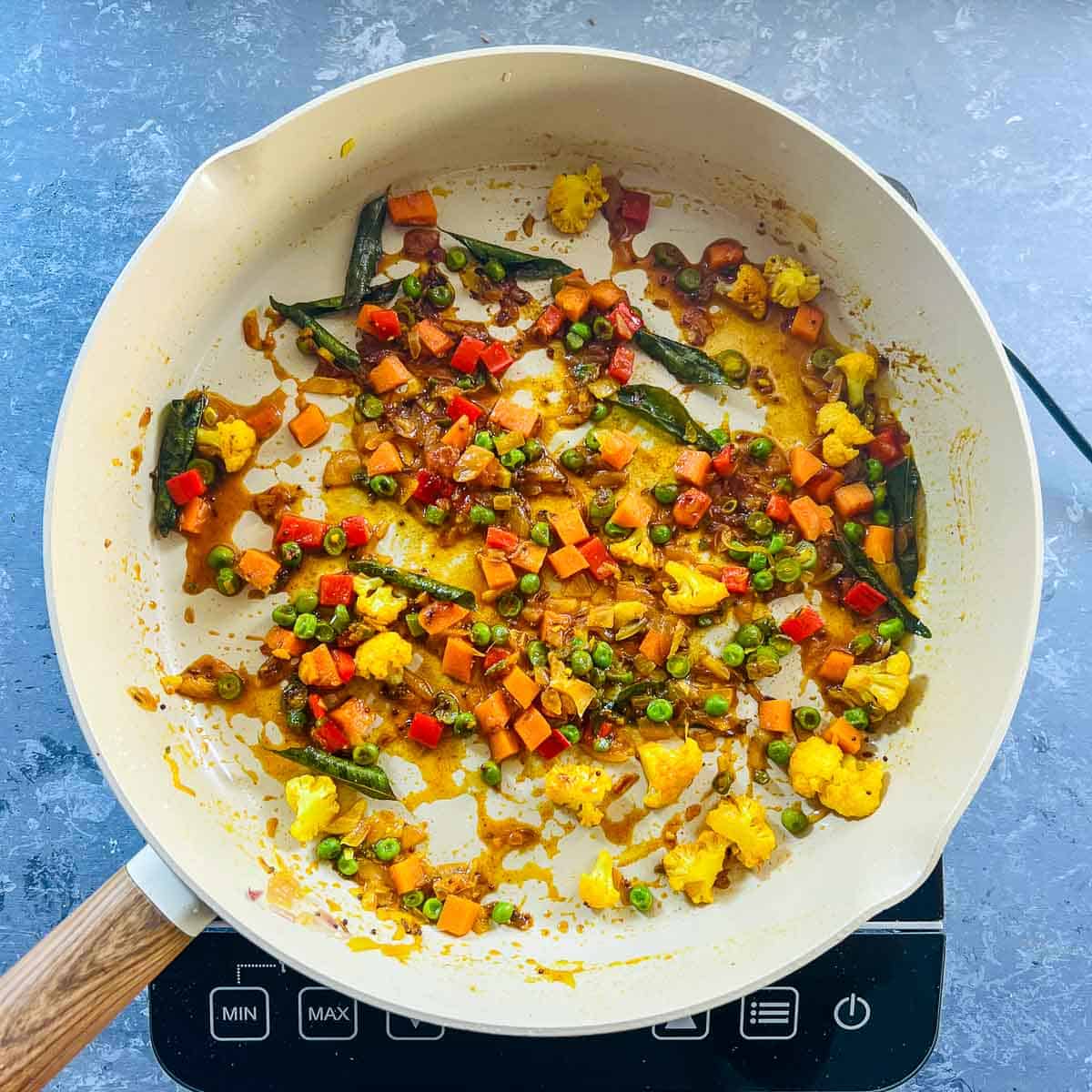 Cooked vegetables in the pan.