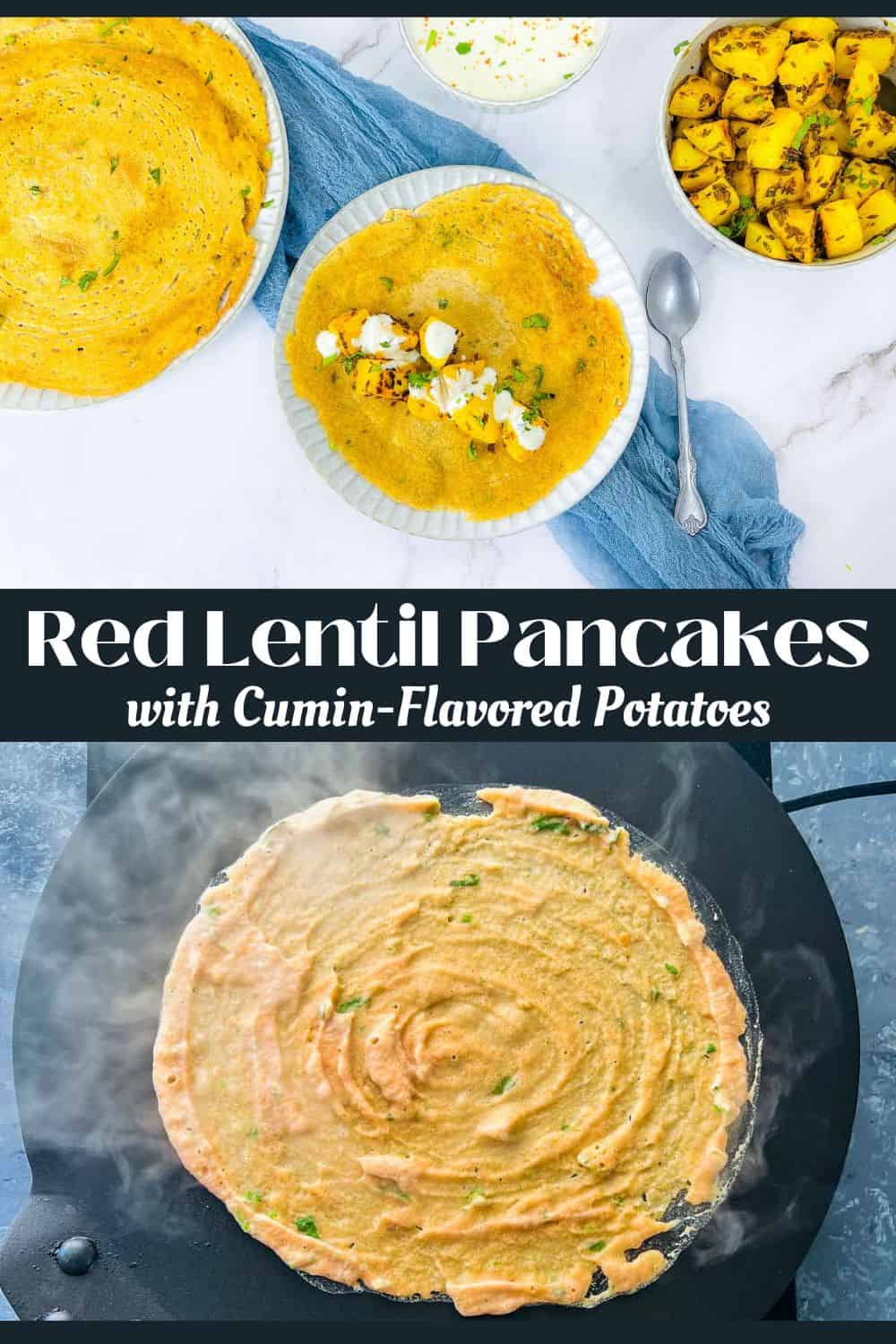 Red lentil pancakes Pinterest image.