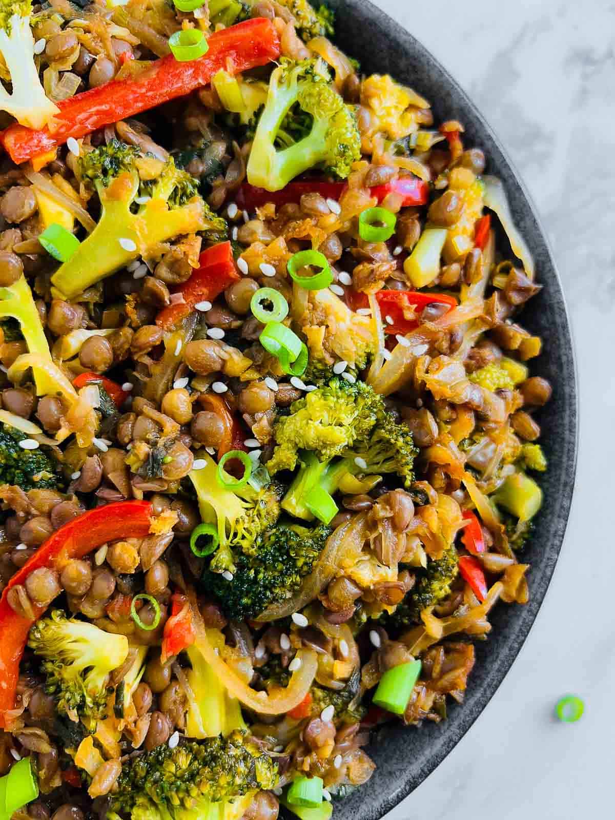 Close up of broccoli lentil stir fry.