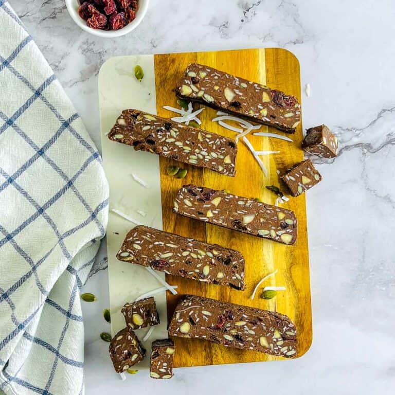 Lentil energy bars on a wooden board.
