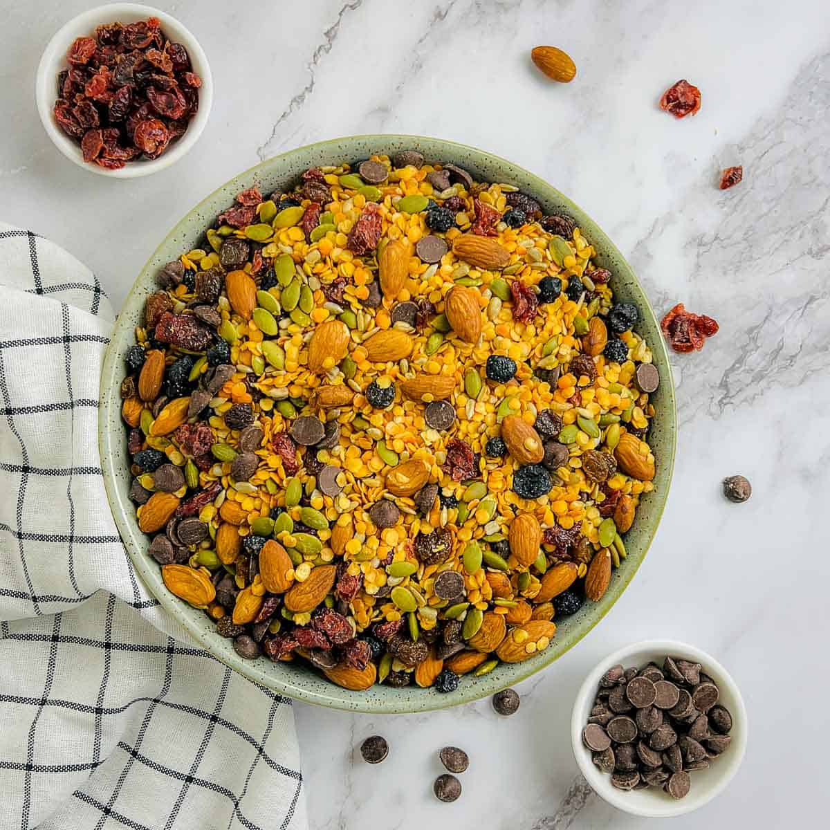 Lentil train mix in a bowl with dried cranberries and chocolate chips in the background.