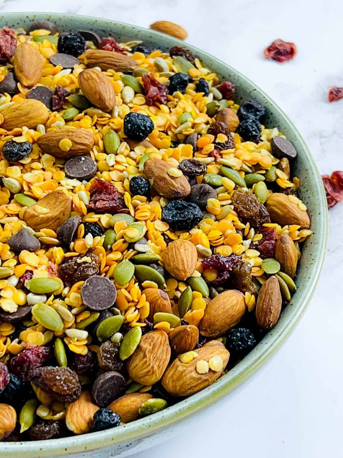 Close up of lentil trail mix.