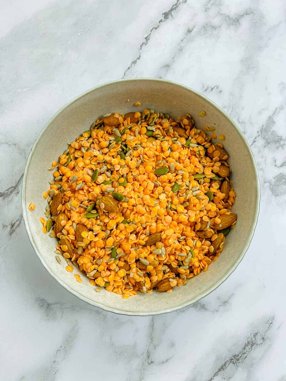 Combine soaked lentils, seeds, and nuts in a mixing bowl.