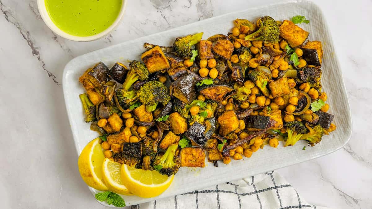 Roasted veggies and chickpeas landscape image.