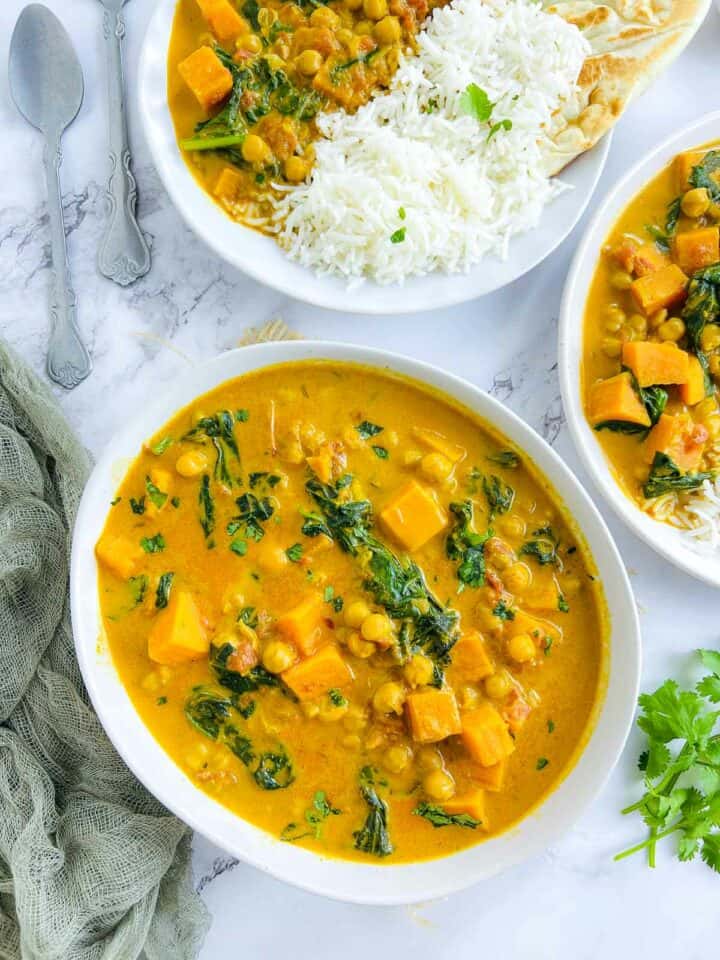 Sweet potato and chickpea curry served with rice.