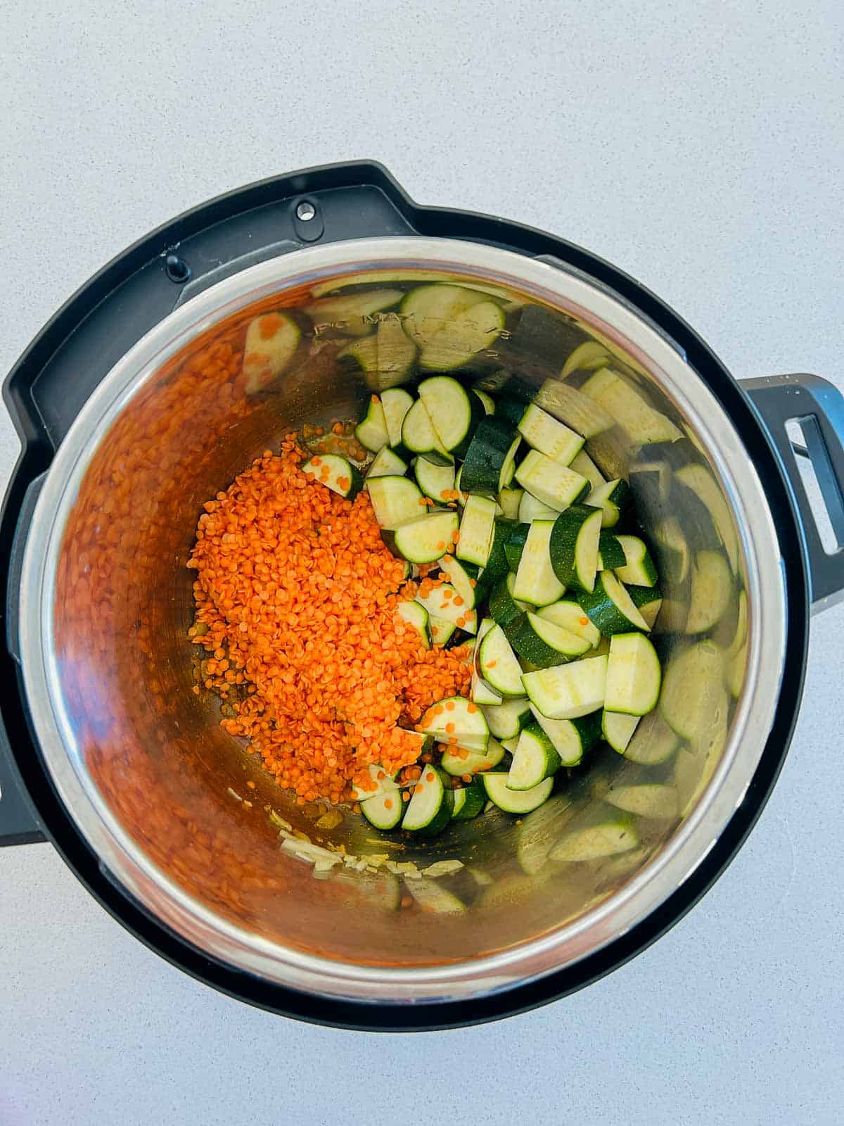 Red lentils and zucchini in the Instant Pot.