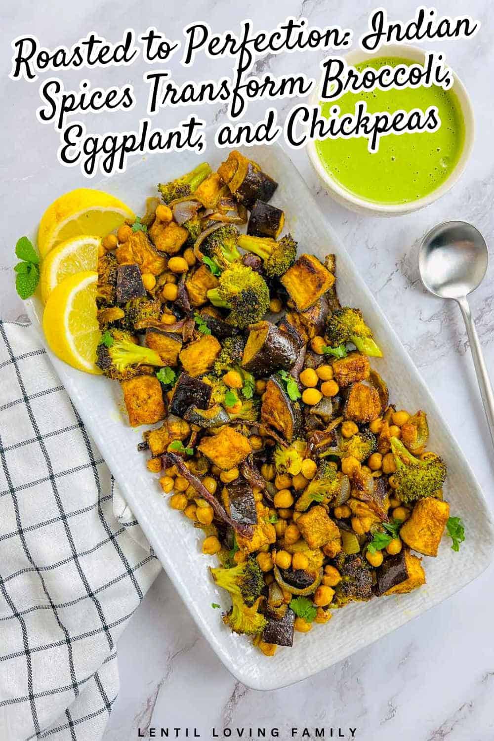 Roasted broccoli, eggplant and chickpeas Pinterest image.