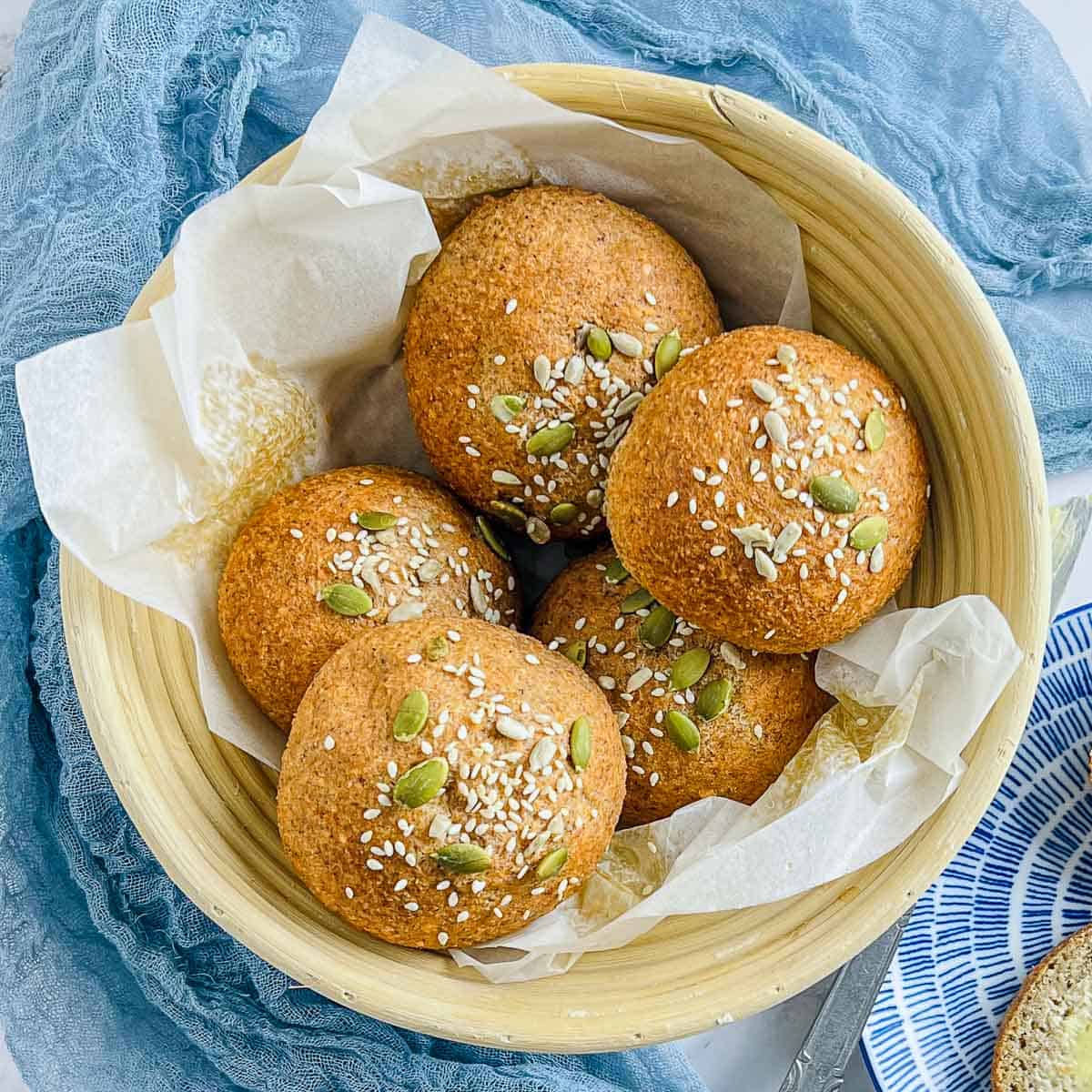 Lentil bread rolls in a bread basket.