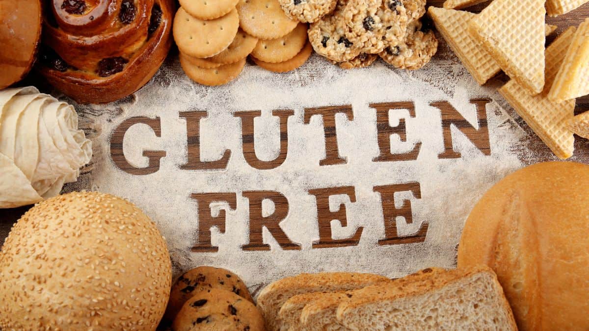 Gluten free breads on a wooden board.