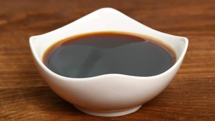 Liquid smoke in a white bowl.