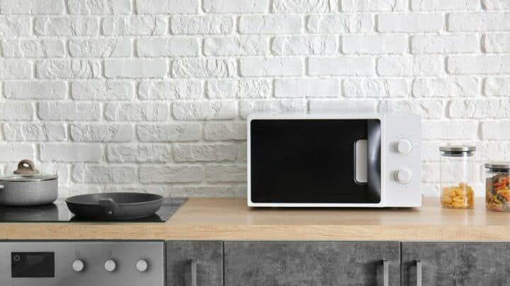 Microwave on a kitchen counter.