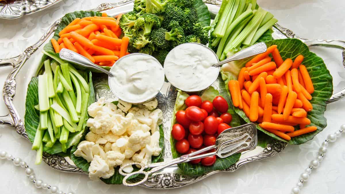 Veggie platter with dips.