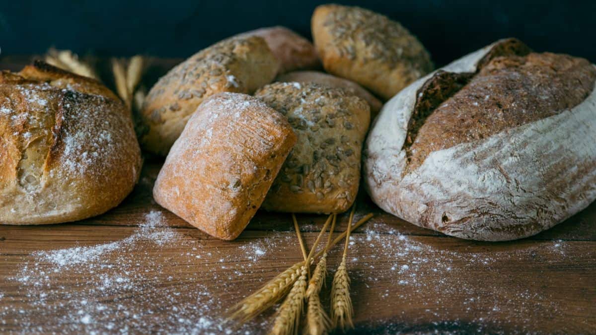 Various types of sourdough breads on a wooden surface.