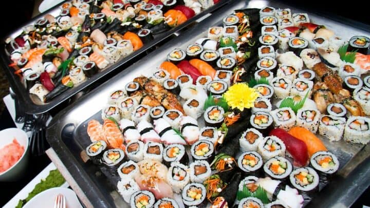 Various types of sushis on a table.