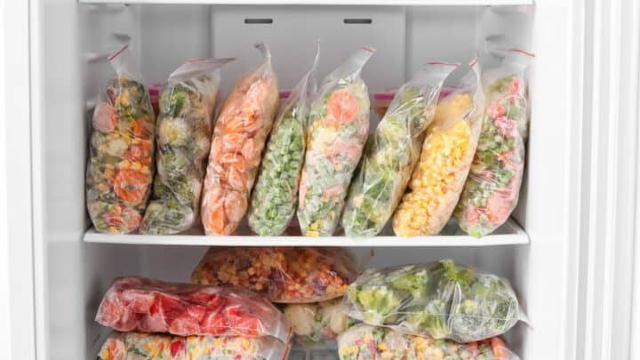 Frozen vegetables in the freezer.