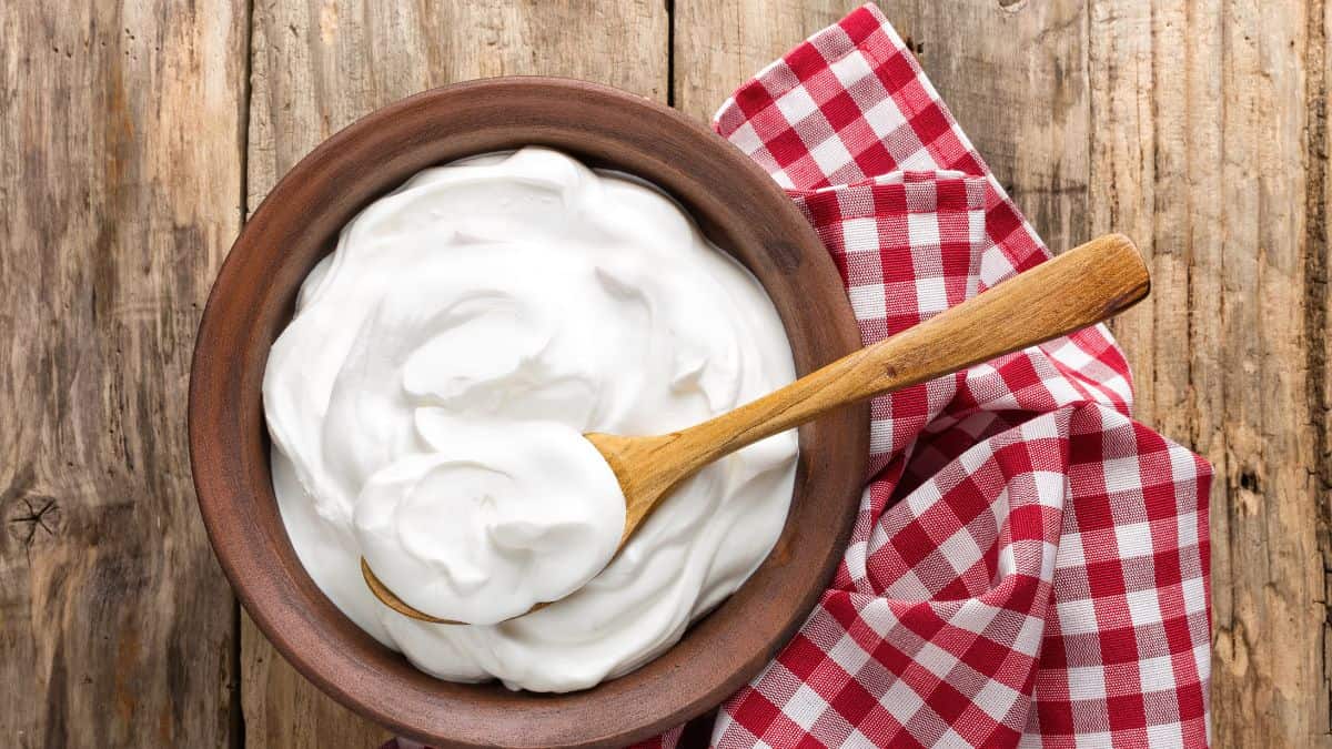 Yogurt in a wooden bowl.