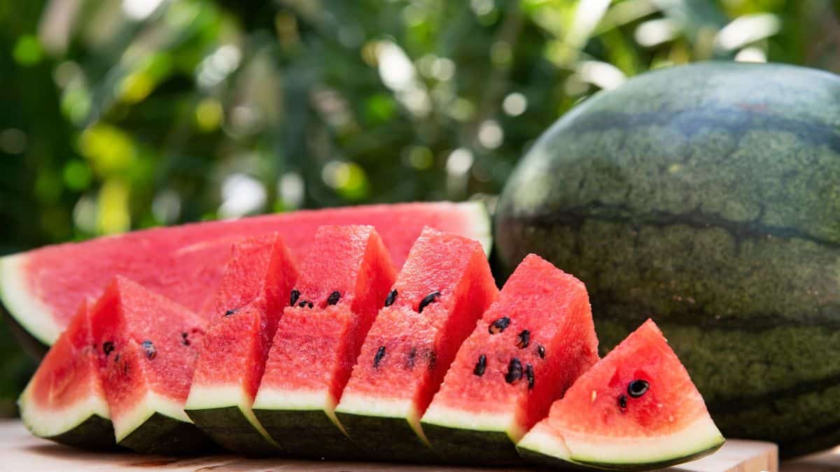 Whole and sliced watermelon.