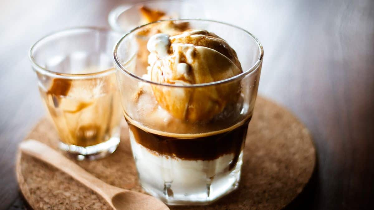 Affogato coffee cup on a wooden table.