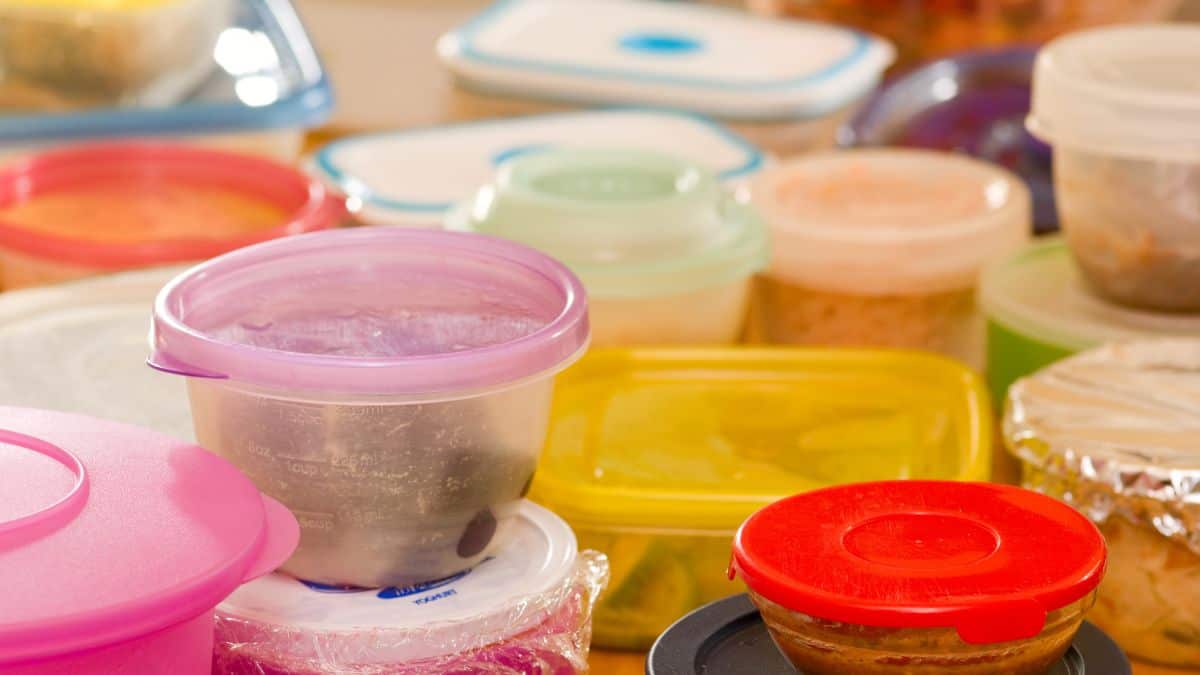 Food stored in reusable plastic containers.