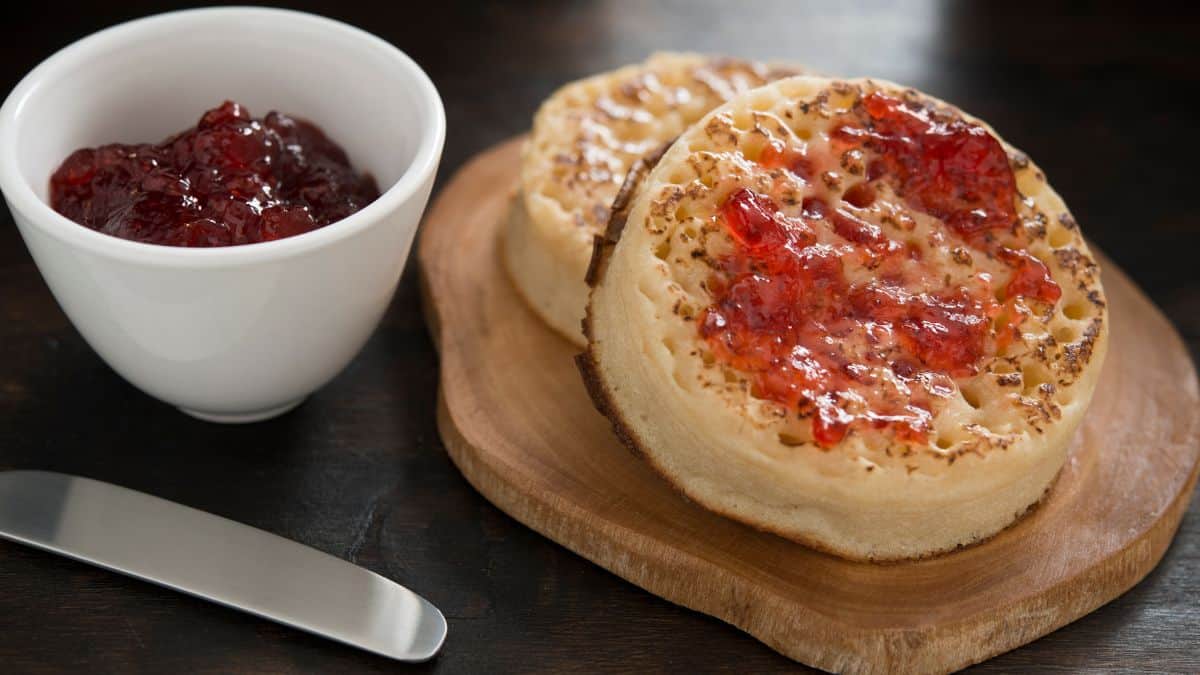 Crumpets topped with jam.