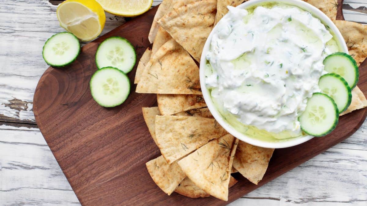 Tzatziki served with pita bread.