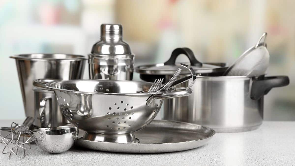 Stainless steel utensils on a kitchen counter.