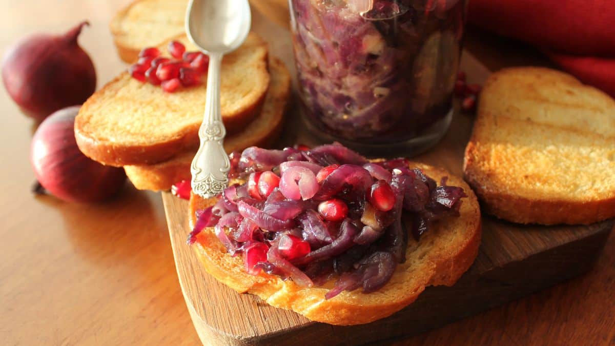 Onion chutney on a slice of bread.