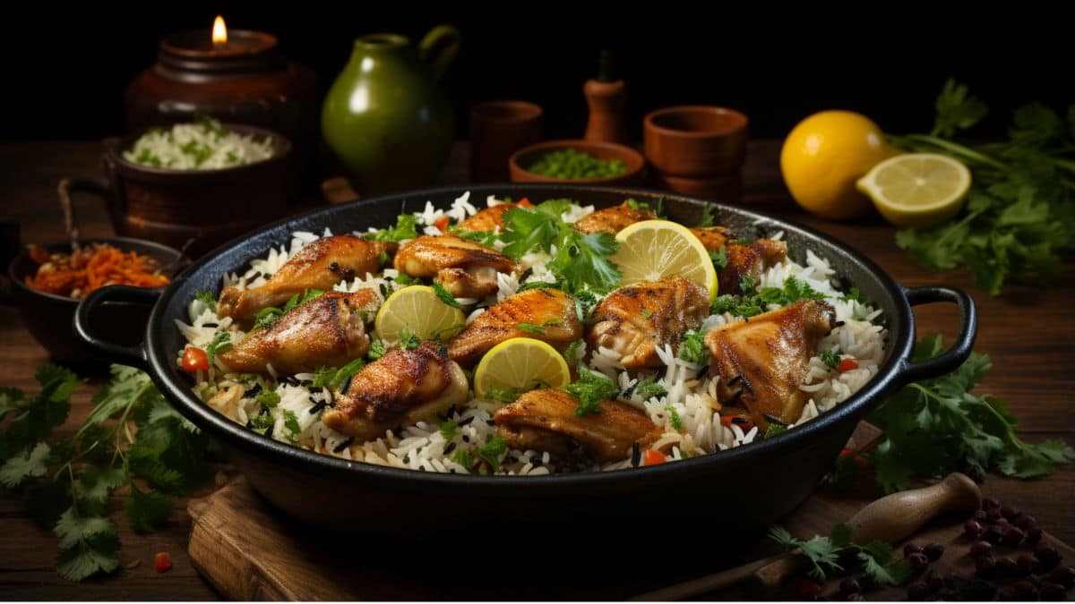 Kozhikode biryani on a white black plate.