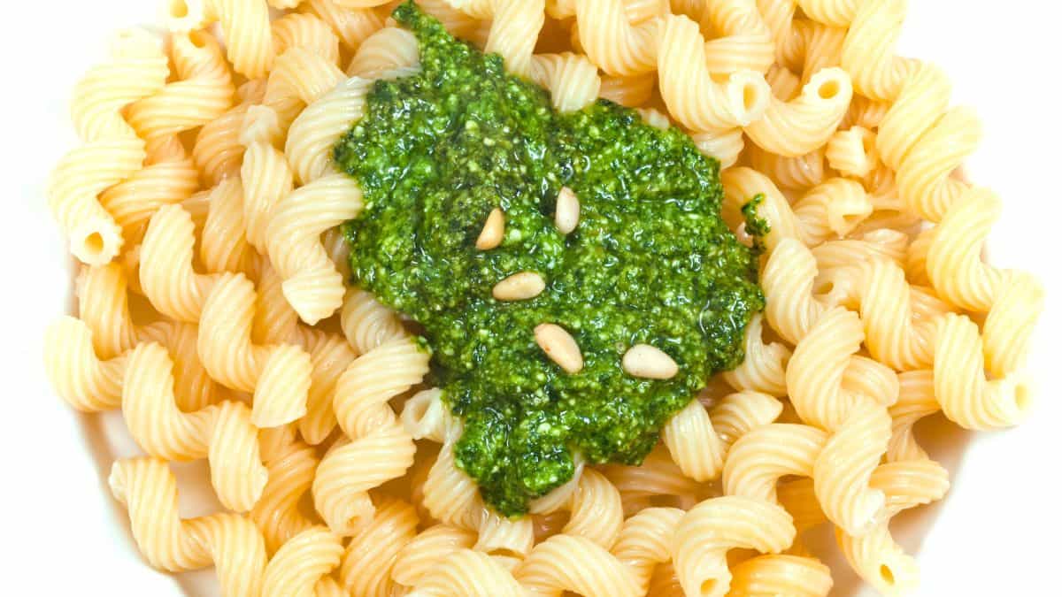 Cavatappi pasta with pesto sauce.