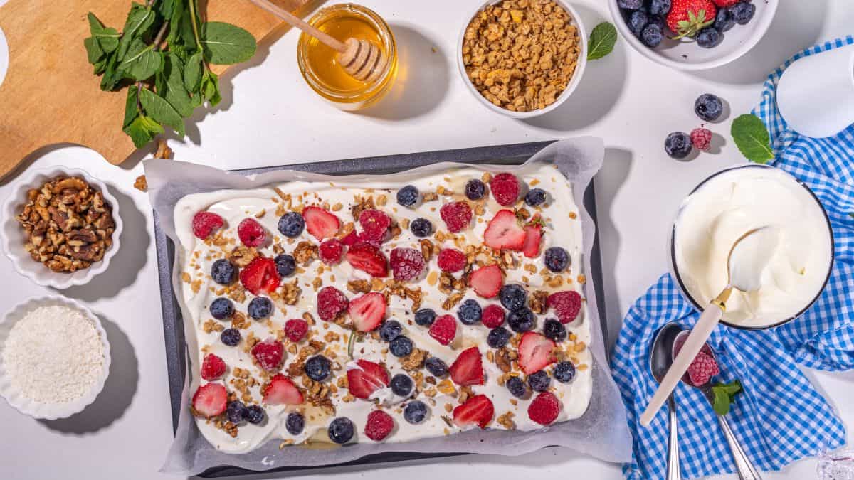 Yogurt bark topped with berries.