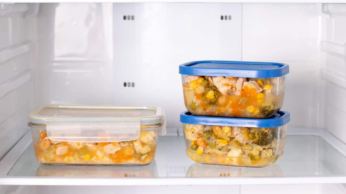 Leftover food stored in reusable plastic boxes.