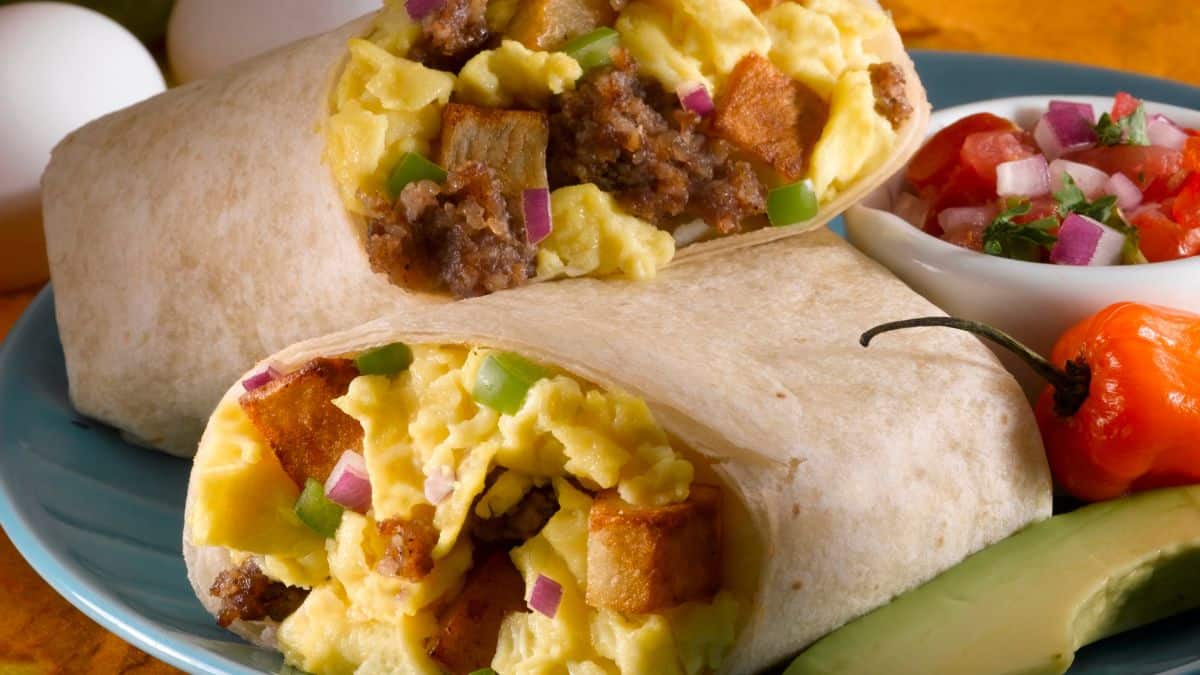 Breakfast burritos on a plate.