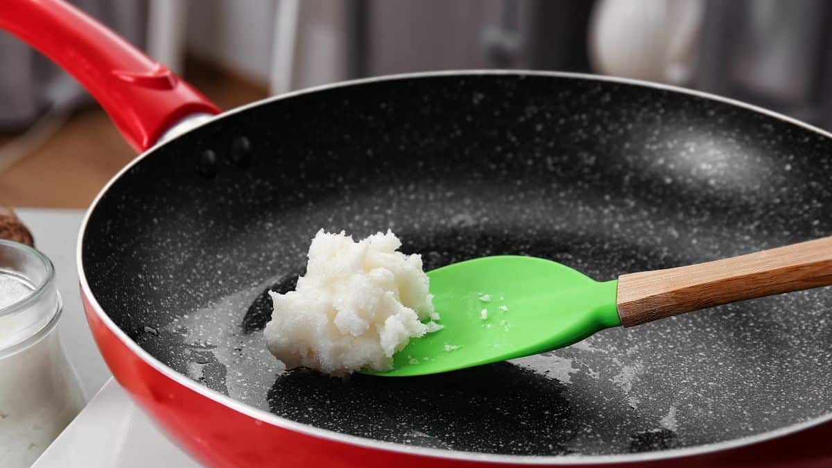 Coconut oil in a skillet.