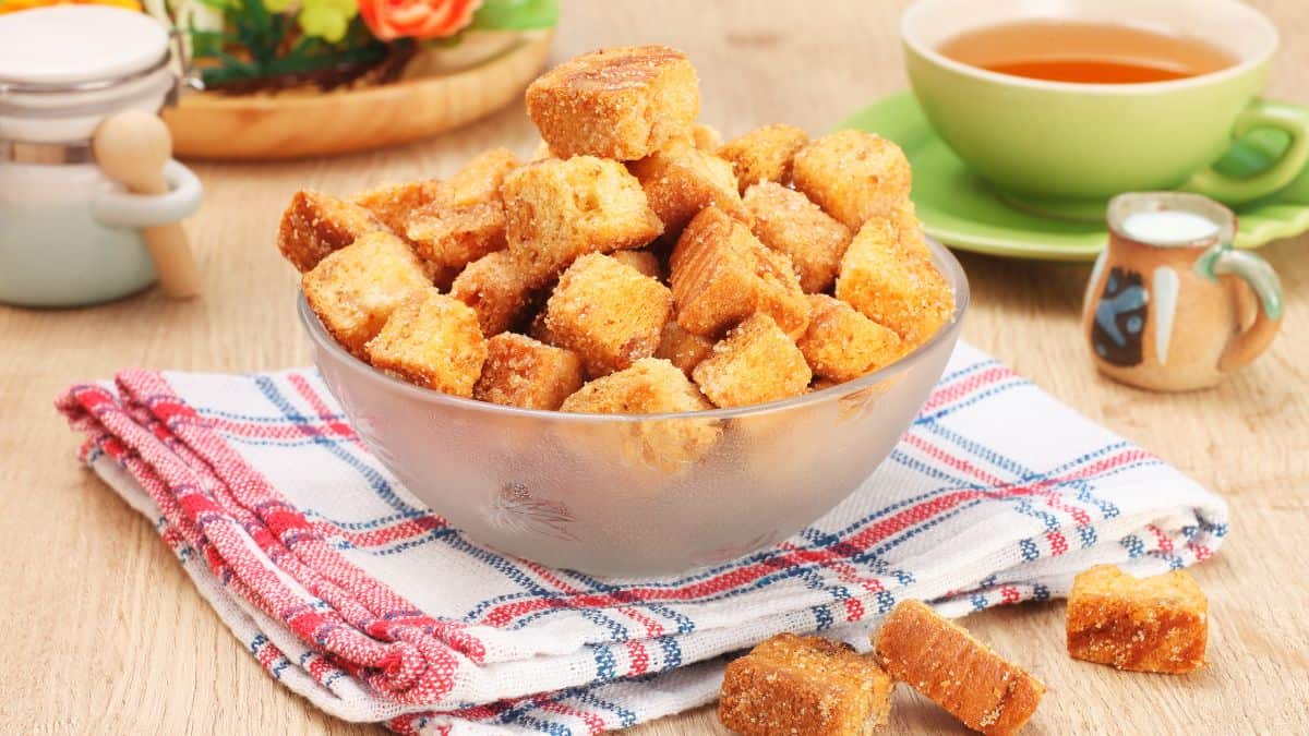 Croutons in a glass bowl.