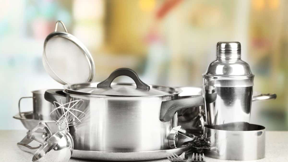 Metal utensils on a counter.