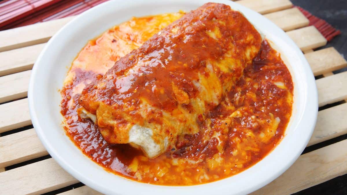 Burrito soaked up in enchilada sauce.