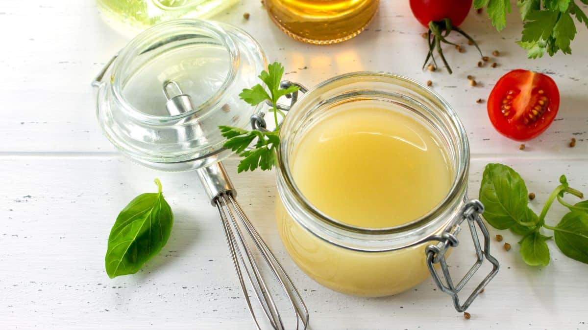 Salad dressing in a mason jar.