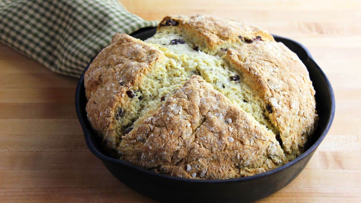 Soda bread in a skillet.