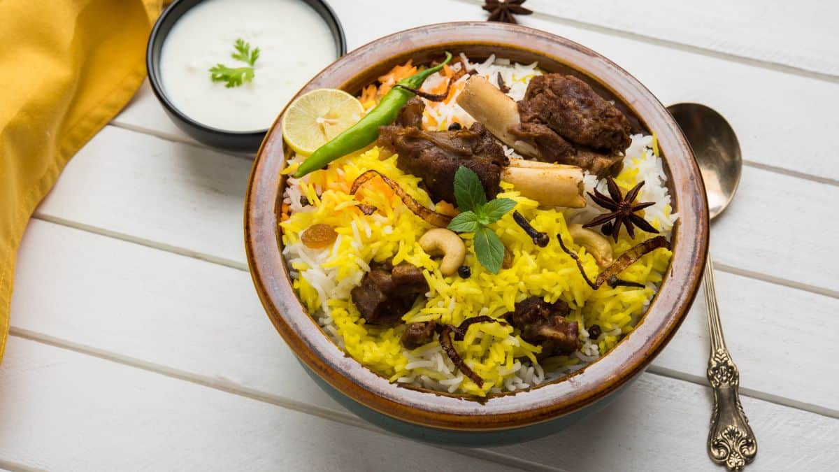 Mild Afgani biryani in a bowl.