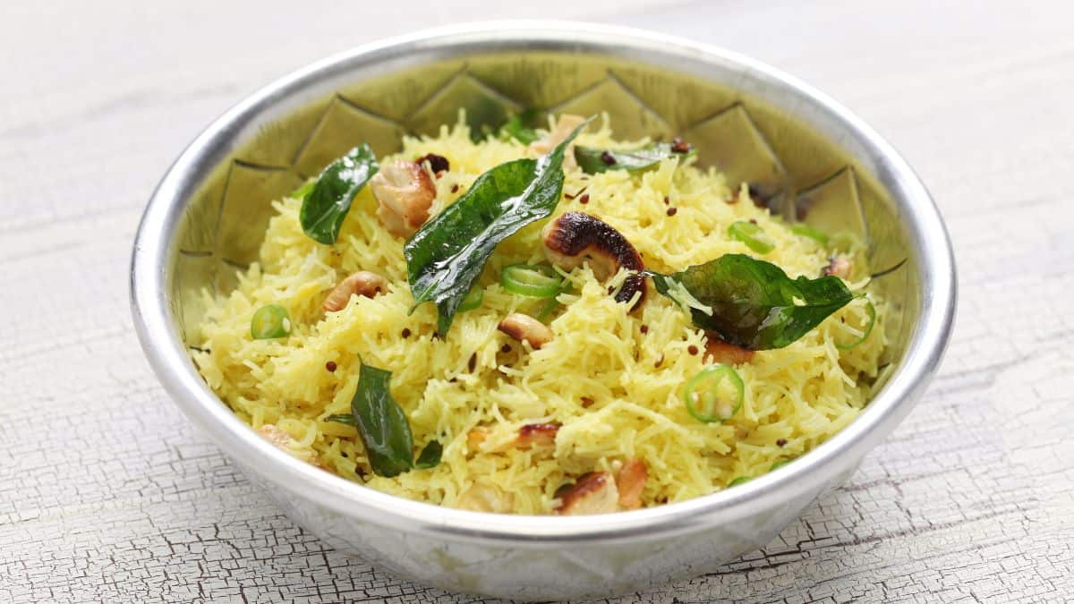 South Indian sevai in a steel bowl.