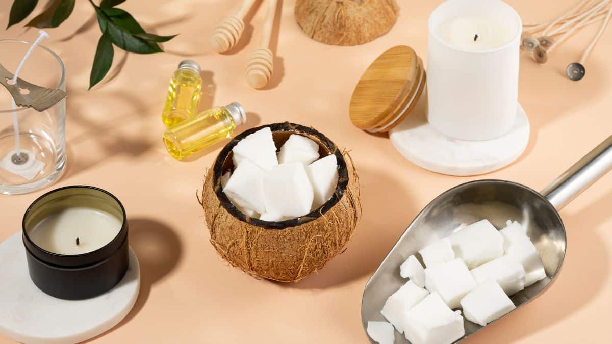 Making candles using coconut oil.