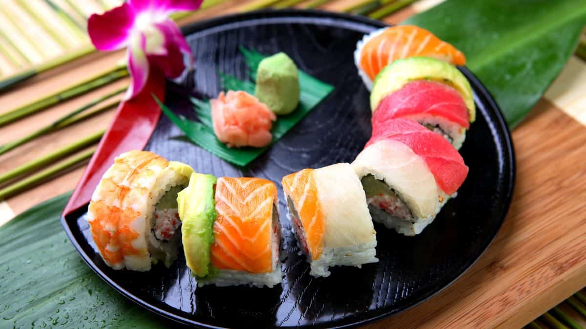 Rainbow roll on a plate.