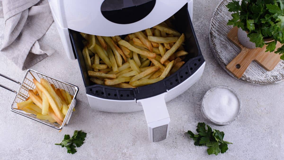 Overcrowded air fryer basket.